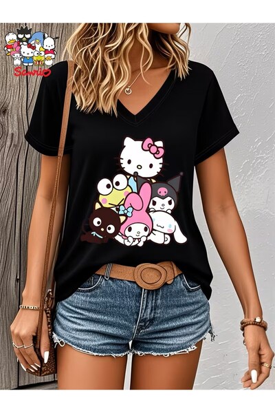 oneagılyazı Ženska letnja ležerna majica | Hello Kitty, kratki rukav, V-izrez