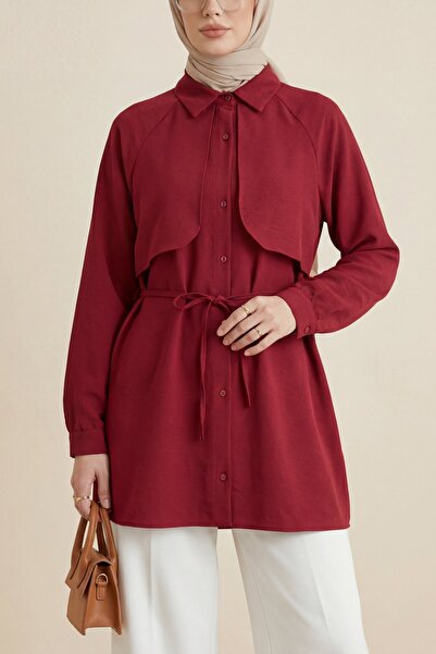 Modamorfo Lace-Up Poplin Tunic with Bolero Detail - Burgundy