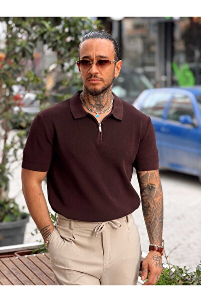 manch collection Basic Polo Neck T-Shirt with Zipper on the Collar Brown