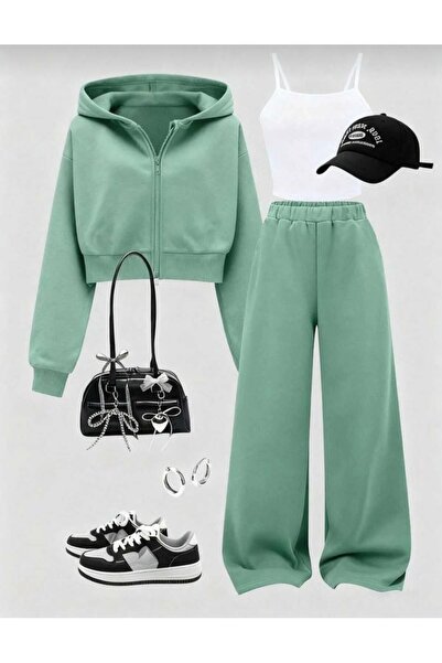 Kids Baskısız 3lü YEŞİL -BEYAZ kışlık Takım