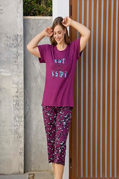 Aydoğan طقم بيجامة نسائي بأكمام قصيرة بلون البرقوق - طقم كابري بنقشة الفهد با...