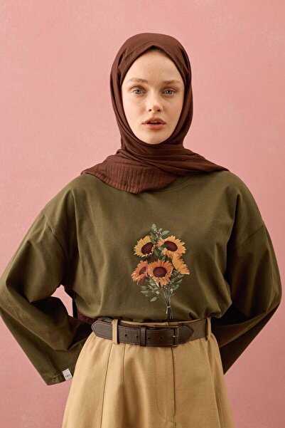 Ceylan Otantik Khaki Sunflower Printed Basic Bodysuit