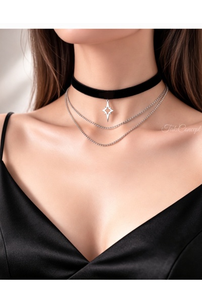 TakıConcept Kuzey Yıldızı Detaylı Zincirli Siyah Choker Kadın Kolye