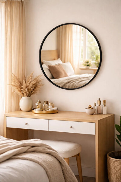 MARIA HOMES Modern Round Wall Mirror with Black Frame for Bathroom & Living Room