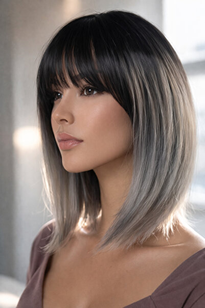 NeednStore Kadın Siyah / Gri Ombre Küt Perçemli Peruk - 35 cm serisi 1. Kalit...