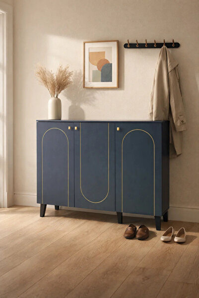 MARIA HOMES Modern Navy Blue Shoe Cabinet 3-Door Entryway Storage Organizer w...