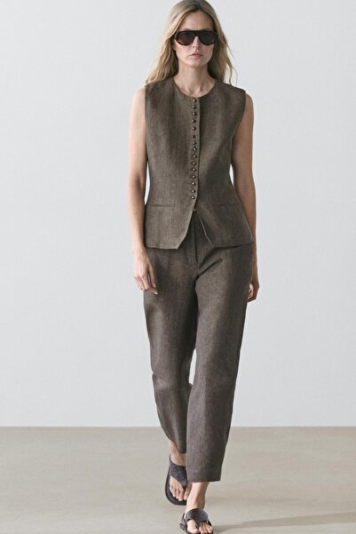 Massimo Dutti Kruvaze bağcıklı keten yelek