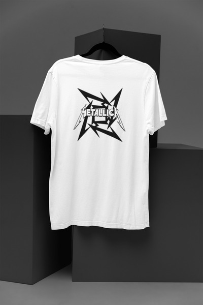 MG تيشيرت ميتاليكا مطبوع برقبة دائرية من القطن بمقاس كبير وأكمام قصيرة للجنسين