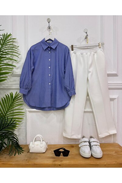 onix Edina Dual Combination: Blue Shirt - Ecru Trousers