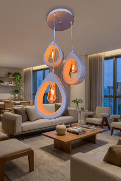 RSCOLLECTIONS Damla Terra 3’lü Sarkıt Avize – Beton Görünümlü Modern Bohem Ta...