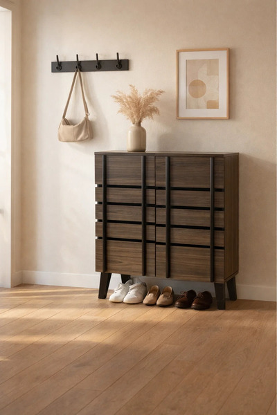 MARIA HOMES Stylish Brown Wood Shoe Storage Cabinet with Modern Black Vertica...