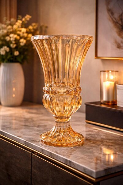PARİONETTE 28 CM Amber Kristal Vazo Büyük Boy Cam Çiçeklik Lüks Salon Dekorat...