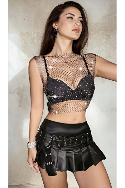 Burcumay Women's Black Stoned Transparent Sleeveless Mesh Blouse Nightclub an...