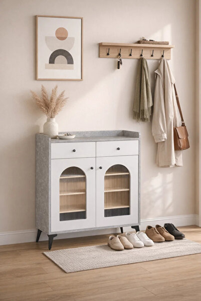 MARIA HOMES Modern 80cm Shoe Cabinet with Drawers and Arched Glass Doors for ...