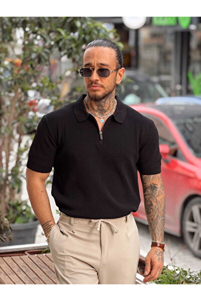 manch collection Basic Polo Neck T-Shirt with Zipper on the Collar Black