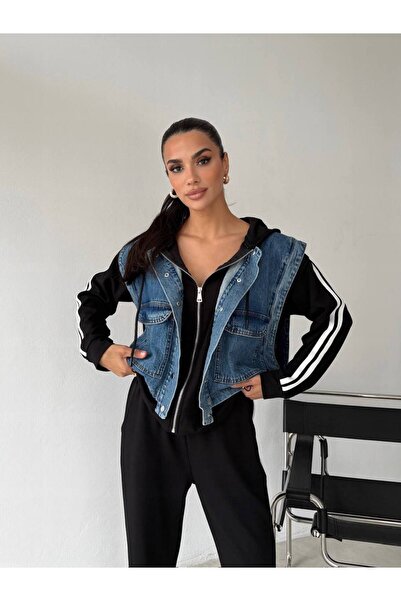 ALVOR Women's Black Sports Set with Side Stripes Tracksuit & Jean Vest Set