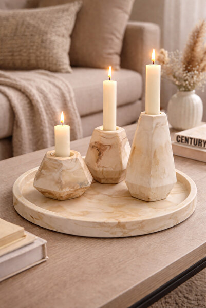 SCA CANDLE Geometrik Dekoratif 3'lü Şamdan + Dekoratif Tepsi Seti Krem Rengi ...