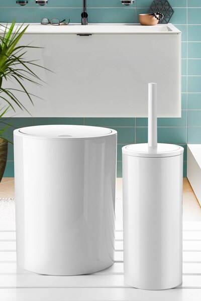 FeyzaDesign Şık Beyaz Banyo Seti, Çöp Kovası ve Tuvalet Fırçası Takımı