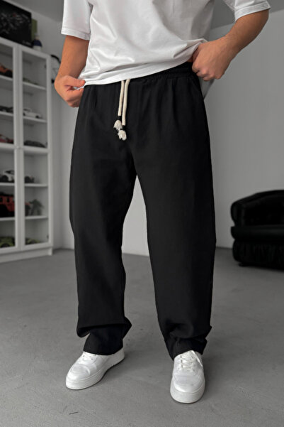 INFLUYENTE Men's Baggy Cut Linen Blend Muslin Trousers Breathable Thin Woven ...