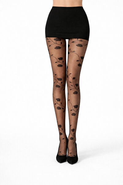 ZvM Women's 20 Denier Patterned Flowers Black Pantyhose