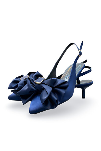 HANZE Kadın Lacivert Saten Orta Topuk Stiletto Fiyonklu Yeni Sezon HK1091
