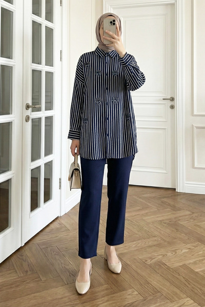 MODAQU Beaded Detailed Striped Viscose Tunic - Navy Blue