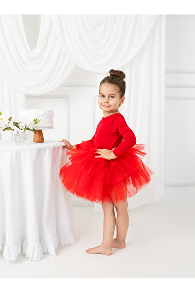 My Baby By Merry 23 April Red Girls' Long-Sleeved Detailed Puffy Ballerina Dress
