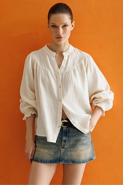 Mixray 4733 Women's Drawstring Robe Long Sleeve Muslin Shirt Natural