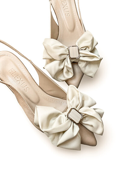 HANZE Kadın Bej Saten Orta Topuk Stiletto Fiyonklu Yeni Sezon HK1091