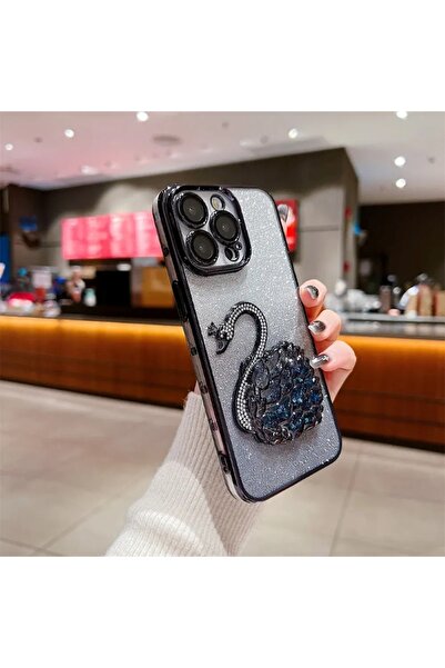 EPRO iPhone 15 Pro Uyumlu Kuğulu Sulu Simli Taşlı Kamera Lens Korumalı Hoparl...