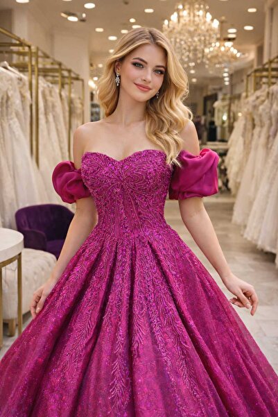 Sibelse Gelinlik Royal Fuşya Prenses Nişanlık – Işıltılı Puf Kollu Abiye