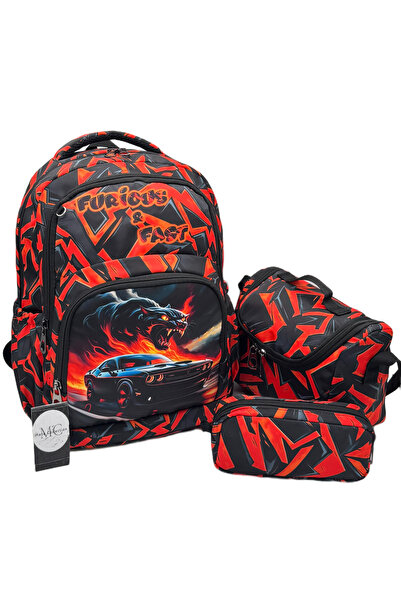 MegiHero Set of 3 Boys' First School Bags Character Patterned Red Backpack Pr...