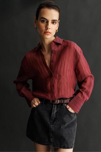 Mixray 4644 Women's Embossed Striped Transparent Basic Shirt Claret Red