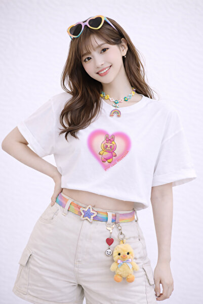 FANA Labubu Printed White Semi Crop T-Shirt – Oversized Cut 100% Cotton Women...