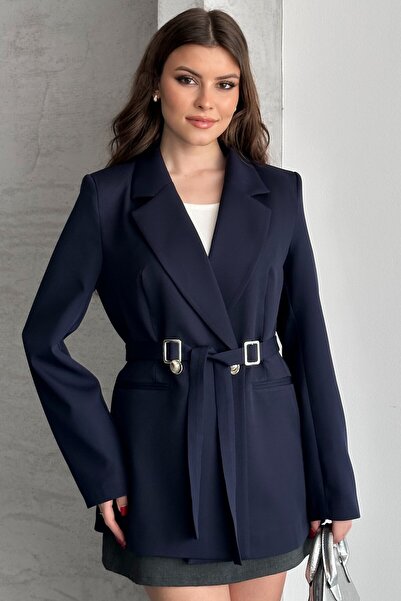 moda armanc Women's Navy Blue Double Buckle Belted Blazer Jacket Stylish Doub...
