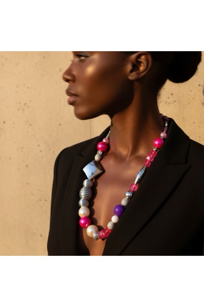 COCOSH TAKI Pink purple silver color and pearl beaded multiple design necklace