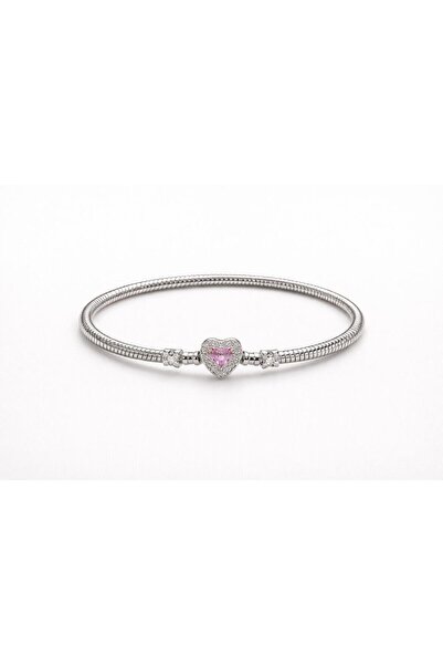 BESTYSO Silver Bracelet with Pink Stone Heart Figure