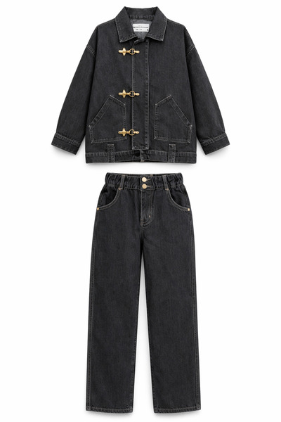 HAZELANNA Gold Kancalı Gri Denim Ceket-Jean Takım