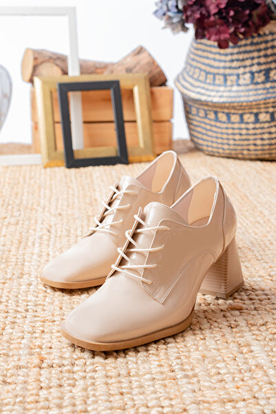 M Miss dark moda Kalın Topuklu Kare Burun Bağcıklı Rugan Şık Topuklu Loafer