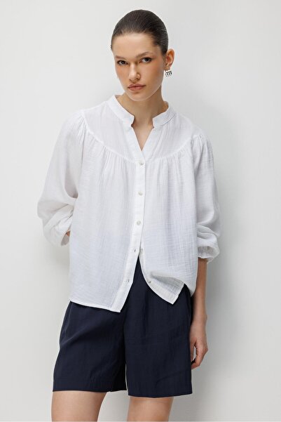 Mixray 4733 Women's Drawstring Robe Long Sleeve Muslin Shirt White