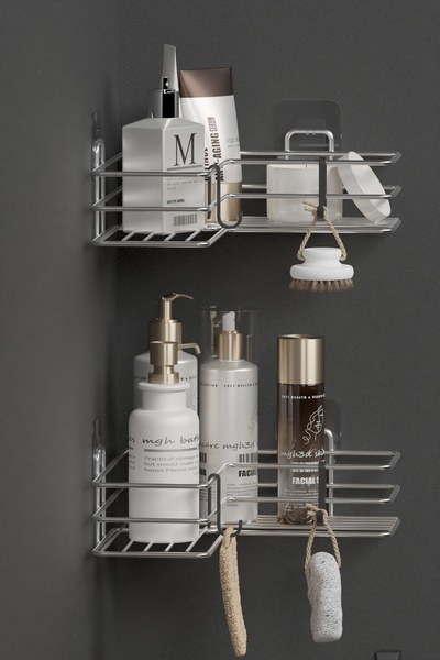 FeyzaDesign Krom Gümüş 2'li Köşeli Banyo Rafı, Yapışkanlı Duş Organizer