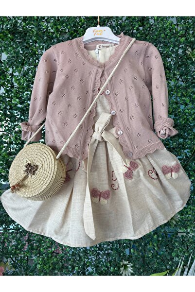 tiny kids Kız Çocuk Hırkalı Nakışlı Elbise Hasır Çantalı 3’lü Kombin