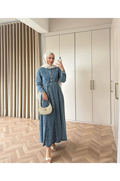 Miraydın Butik Waist-Tied Denim Dress with Collar and Button Detail - Blue