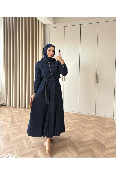 Miraydın Butik Waist-Tied Denim Dress with Collar and Button Detail - Navy Blue