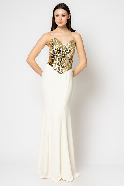 RENGIN Üstü mozaik desen pleksi straplez krep abiye elbise