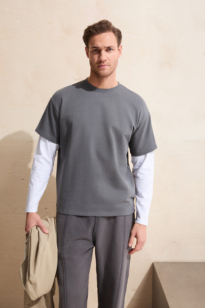 GRIMELANGE DAVIDACO Erkek Uzun Kol Detaylı Organik Pamuklu Bisiklet Yaka Regu...