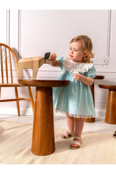 Momercy Baby Girl Embroidered Piece Eyelet Embroidery Collared Dress