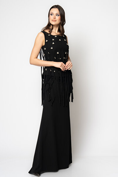 RENGIN Serpme taşlı ve ince saçak detaylı kolsuz krep abiye elbise