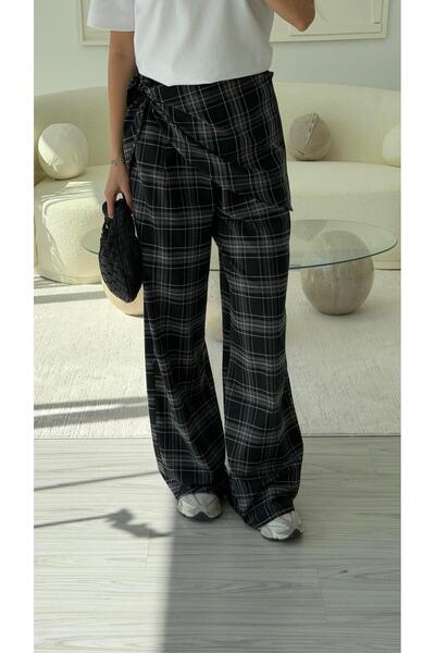 LUUNA STORE Plaid Pattern Scarfed Pants - Gri̇
