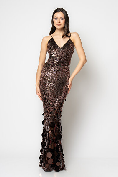 RENGIN Etek uçları büyük yuvarlak pullu payet abiye elbise